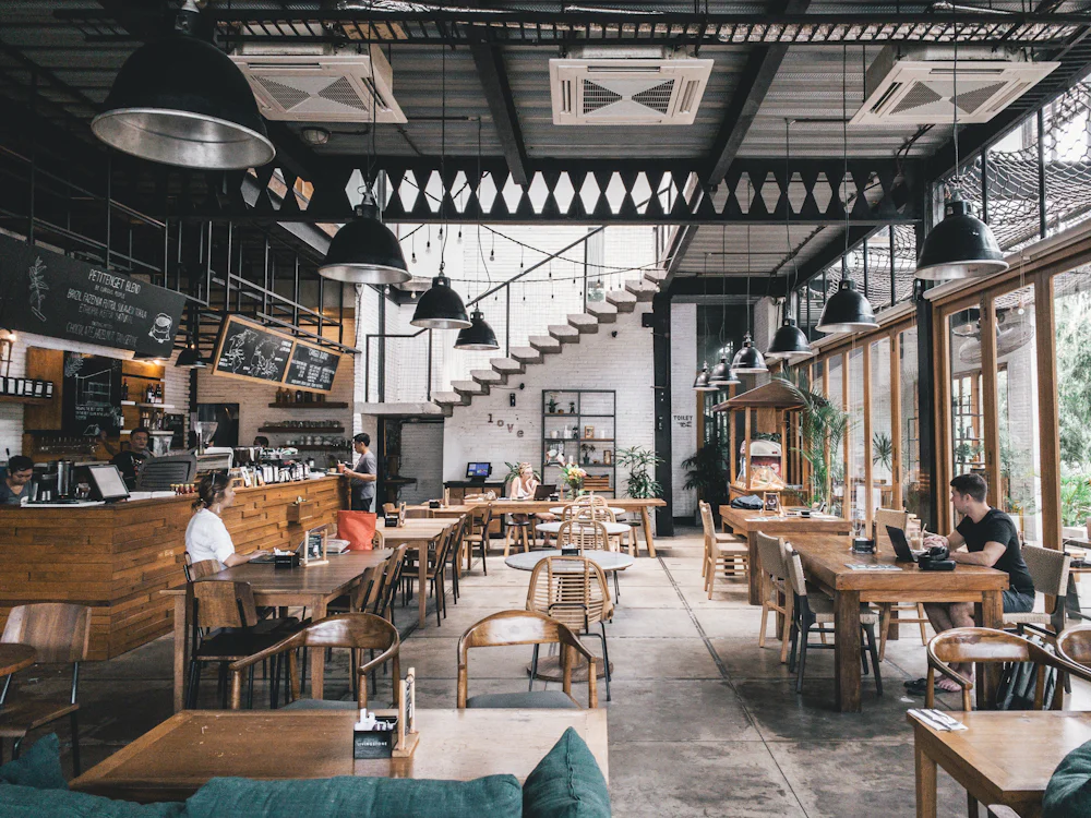 Sunlit café interior with wooden tables and hanging plants