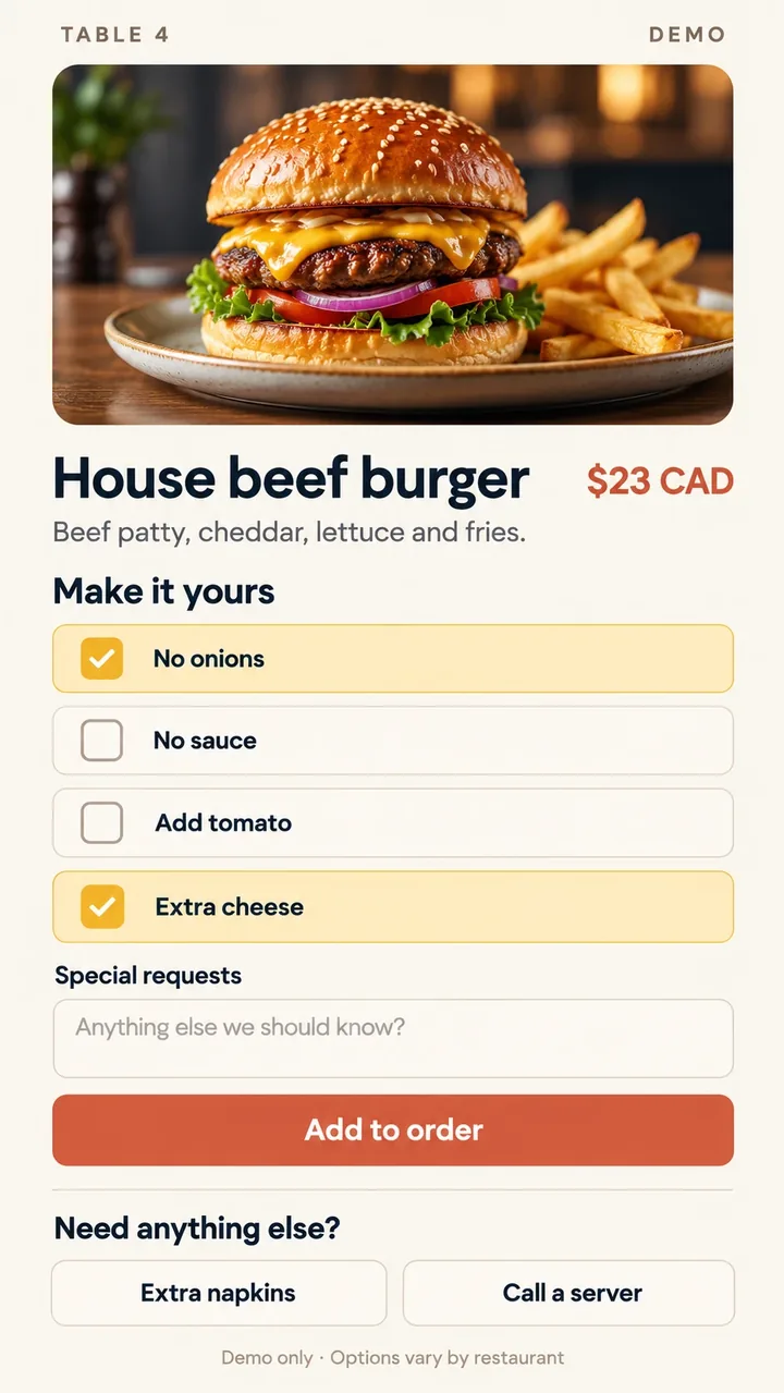 Example screen on a phone: a burger with options such as no onions, no sauce, add tomato, extra cheese and a field for special requests
