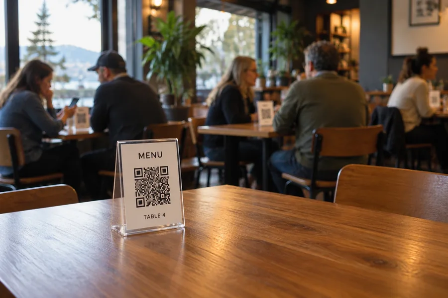 A QR code stand on a café table reading MENU and TABLE 4, with guests seated in the background