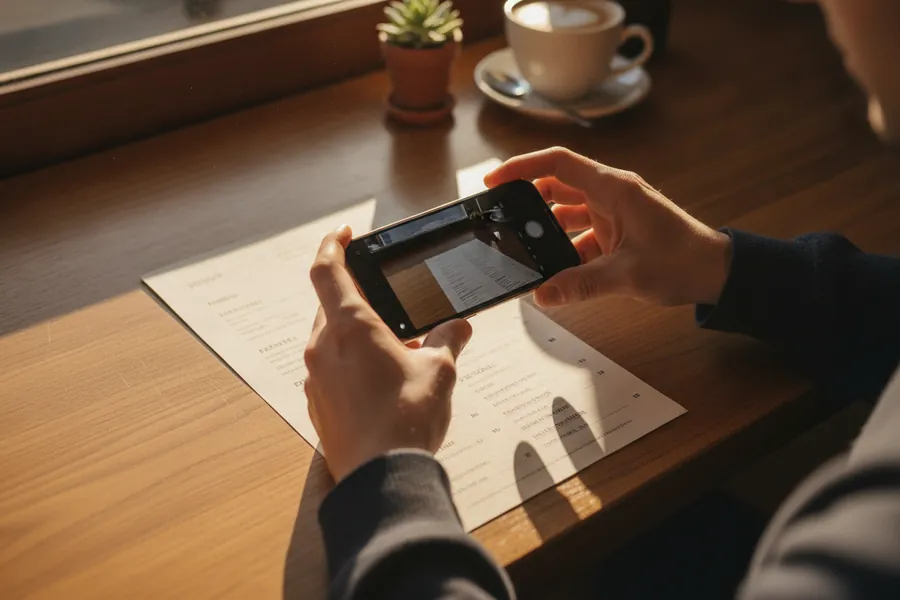 A person photographing a printed paper menu with a phone