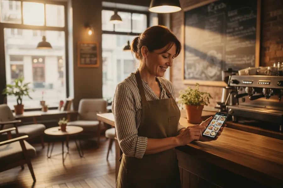 A café owner reviewing the digital menu on her phone