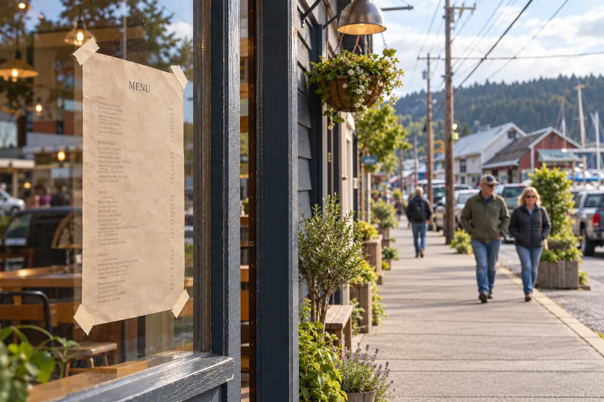 A paper menu taped inside a café window while people walk past on the street