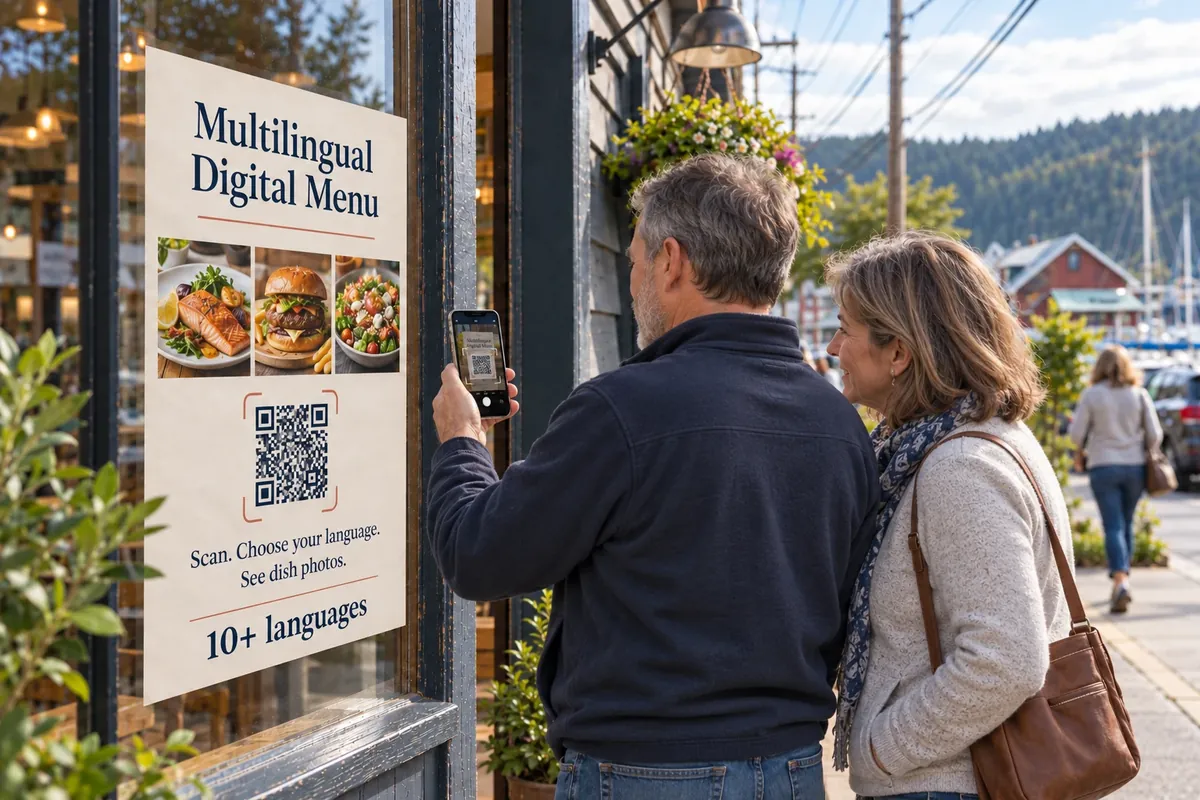 A couple scanning a QR code poster in a café window with a phone